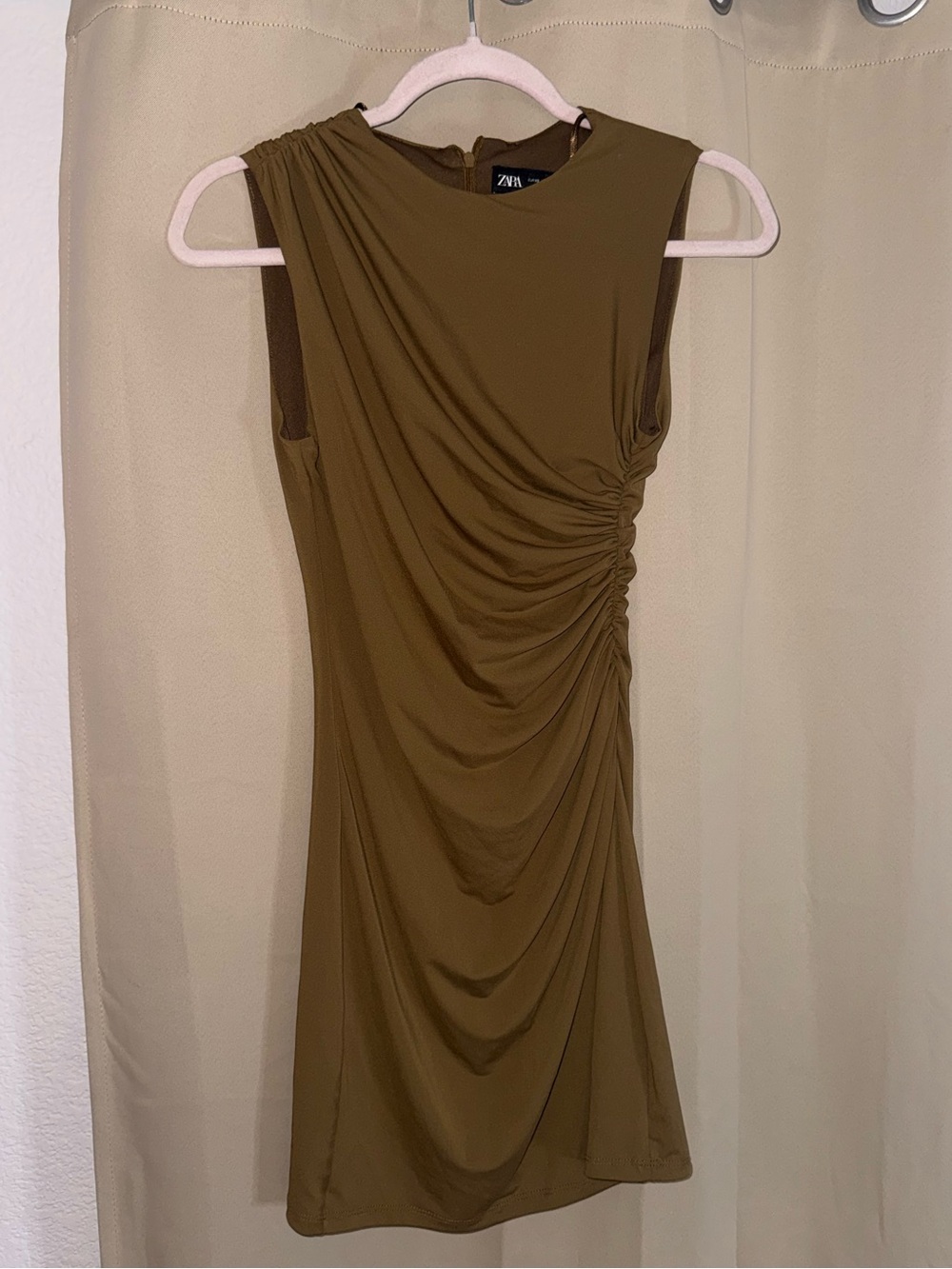 Zara Olive Green Ruched One-Shoulder Mini Dress